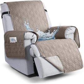 QQJIN 100% Waterproof Recliner Chair Cover with Pockets, Elastic Strap, Non-Slip Recliner Armchairs Covers, 1 Seat Anti-fouling Recliner Cover for Kids, Dogs, Pets,Taupe,1 Seater