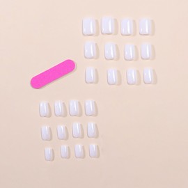SINHOT Short Square Press on Nails Nude White Fake Nails Squoval Acrylic Nails Glossy Glue on Nails Designs False Nails 24 pcs