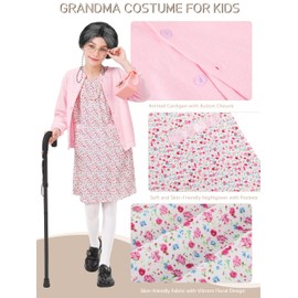 FancyFun 8 Pcs Old Lady Costume for Kids, 100 Days of School Costume for Girls Grandma Wig Granny Outfit Old Person Dress Up Set A 8-10Y