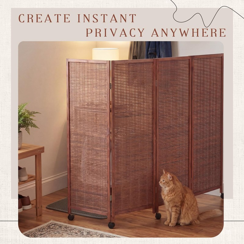 Yoojahow 4 Panel Rolling Bamboo Short Room Divider with Wheels,