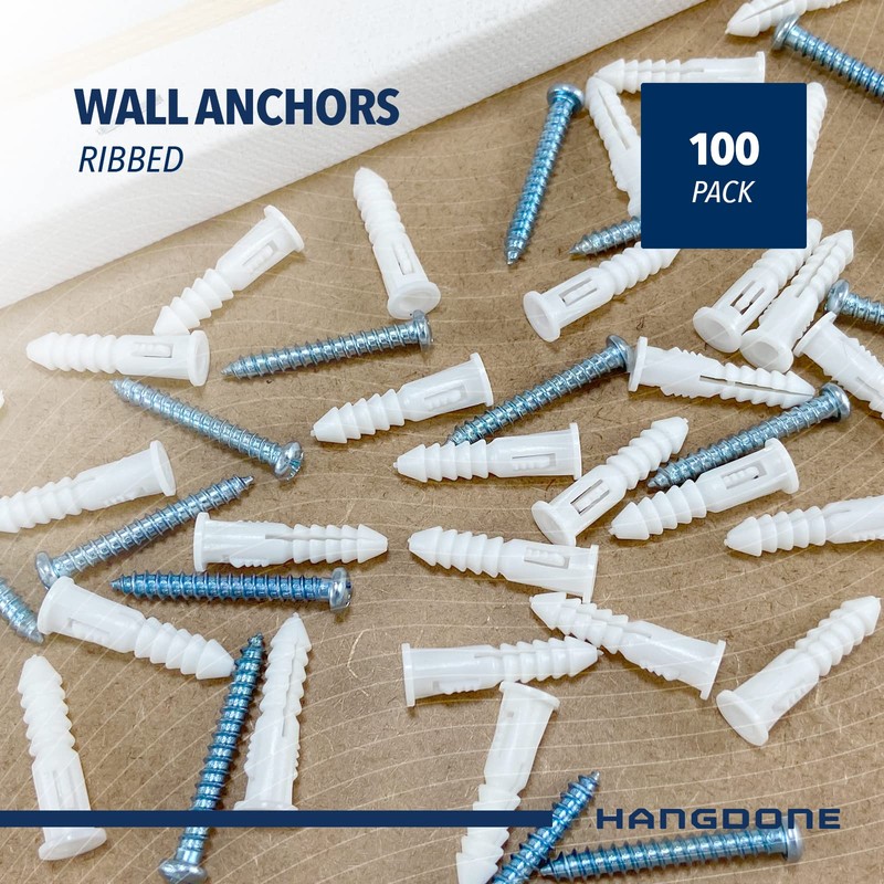 HANGDONE Ribbed Wall Anchors #8-#10 1-Inch with Screws 100-Pack, White,