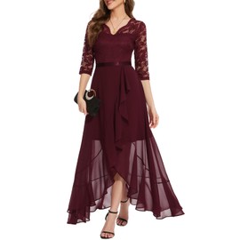 Bbonlinedress Ruffled Flowy Long Sleeve Wedding Guest Dress Hi-Lo V-Neck Cocktail Prom Formal Bridesmaid Dress Burgundy M
