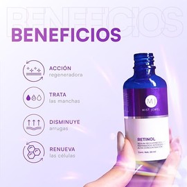 MIST JEWEL Serum Facial Retinol (Vit A), Ácido hialurónico, Vitamina C, Vit E, B5, hidratante y reparador | Suero para hombres y mujeres Anti manchas Nocturno, cuidado facial iluminador e hidratante de alta efectividad 50ml