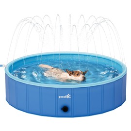 Pecute Foldable Dog Pool with Sprinkler, Portable Kiddie Pool Hard PVC, Multifunctional Dog Swimming Pool Splash Wading Pool, Non-Slip Pet Bathing Tub, Great for Backyard Outdoor Travel 62" x 12"