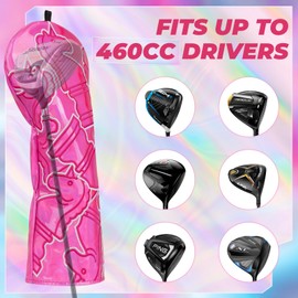 LZFAN Golf Club Head Covers Driver Fairway Wood Hybrid Golf Club Headcover Leather Protector Heavy Embroidered Colorful Jellyfish (Pink Pony)