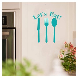 Let's Eat Knife Fork Spoon Vinyl Lettering Wall Decal Sticker (12.5" H x 11.5" W, Turquoise)