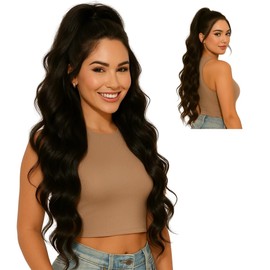 Drawstring Ponytail Hair Extension, Wavy Straight, 27,5 inch, Premium Bio Protein Synthetic Fiber Hair, Heat Resistant, Soft and Lightweight, Human Hair Texture, Model Emily (Natural Black)