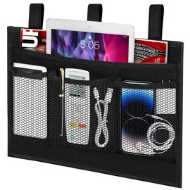 Bedside Caddy Storage Organizer, Hanging Storage Bag Pocket for Bunk/Hospital Beds,College Dorm Organizer for Remotes Phone,College Dorm,Camp,Bed Rails(4 Pockets),Black