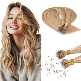 Benehair Nano Tip Hair Extensions Real Human Hair Invisible #12/613 Golden Brown Mix Bleach Blonde Nano Beads Extensions Straight Soft 50 Strands