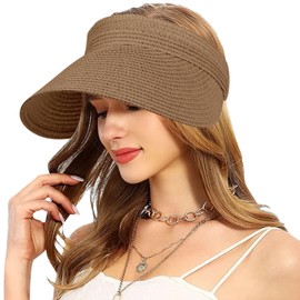 Mayoii Straw Visor Hat Women Sun Visor Hat Rollable Ladies Wide Brim Straw Foldable Summer Topless Sunhats for Womens Adjustable Beach Cap (UK, Alpha, One Size, Standard, Muiticolor-Brown)