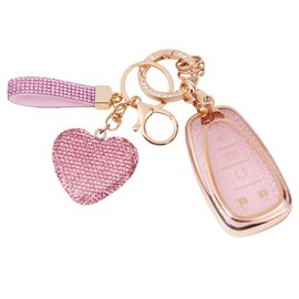 vehicleloong Key Fob Cover Case Shell Keychain for Chevy Equinox Malibu Trax Traverse Trailblazer Camaro Blazer Cruze Accessories Accessory Bling Girly Women, 5 Button, Gold Pink, TPU