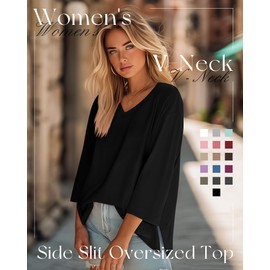Huukeay 3 Pack Women's 3/4 Sleeve Oversized T-Shirts V Neck Knit Workout Casual Tunic Tops Side Split Loose Basic Tees(Black, White, Brown,X-Large)
