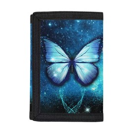 Tiasarato Teens Wallets Blue Galaxy Space Butterfly Credit Card Clutch Wallets with Magic Sticker Trifold Money Organizer for Women Girls