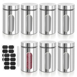 PEDOBALI 7 Pcs Kitchen Canisters Set with Window Glass 32 oz Stainless Steel Candy Storage Jars with Lids Airtight Coffee Containers for Flour Grains Spices Tea Sugar Cookies Kitchen Decorations