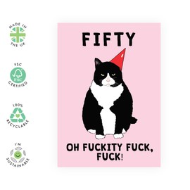 Central 23 50th Birthday Card For Men Women - Fifty Grumpy Cat - Wife Husband Birthday Greeting Card - Happy Fiftieth Birthday Cards For Male Female Friends - Comes With Fun Stickers
