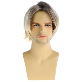RicHyun Mens Short Layered Blonde Wig Dark Roots Synthetic Halloween Cosplay Wig