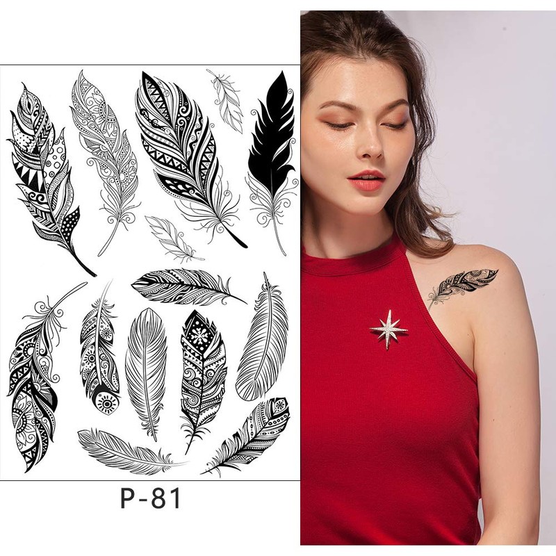 6 Sheets Feather Tattoos Mandala Tattoos Hand Tattoo Set Kira