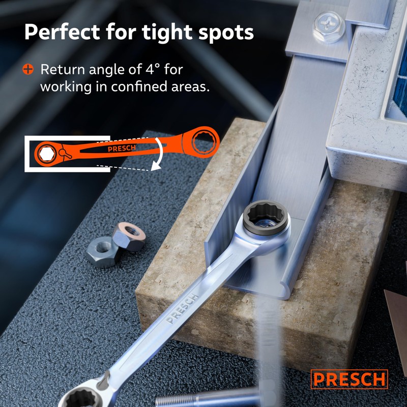 PRESCH Double Ratchet Spanner 4-in-1 (16mm/17mm & 18mm/19mm) - Reversible