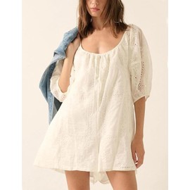 HOWALOOK Women's Summer Cotton Boho Romper Loose Puff Half Sleeve Front Drawstring Bow Bohemian Casual Mini Jumpsuit(White-S)