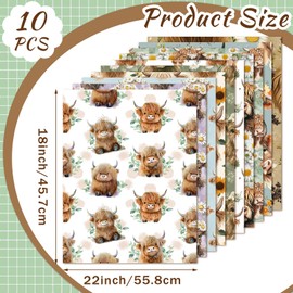 Hahafelt 10 Pcs Highland Cow Quilting Fabric 18 x 22 Inch Square Bundle Highland Cow Precuts Quilted Fabric Multi Color Printed Patchwork Supplies for Summer DIY Sewing Crafts