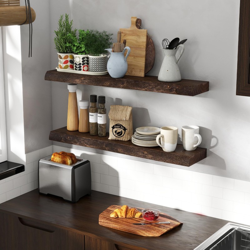 Live Edge Elm Wood Floating Shelves, 36 Inch Long Wall