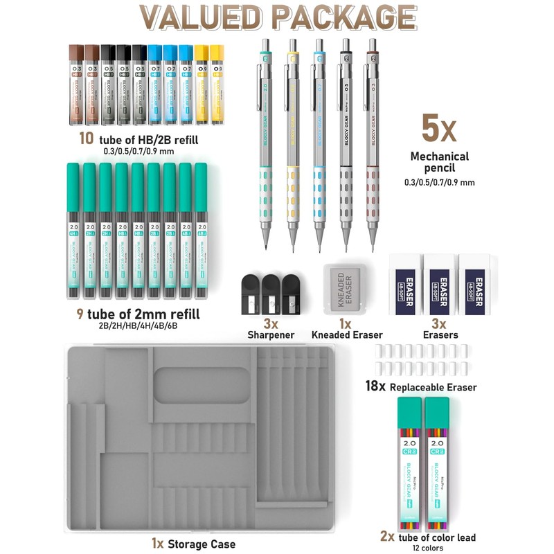 Nicpro 36PCS Blocky Gear Mechanical Pencil Set with Case, Metal