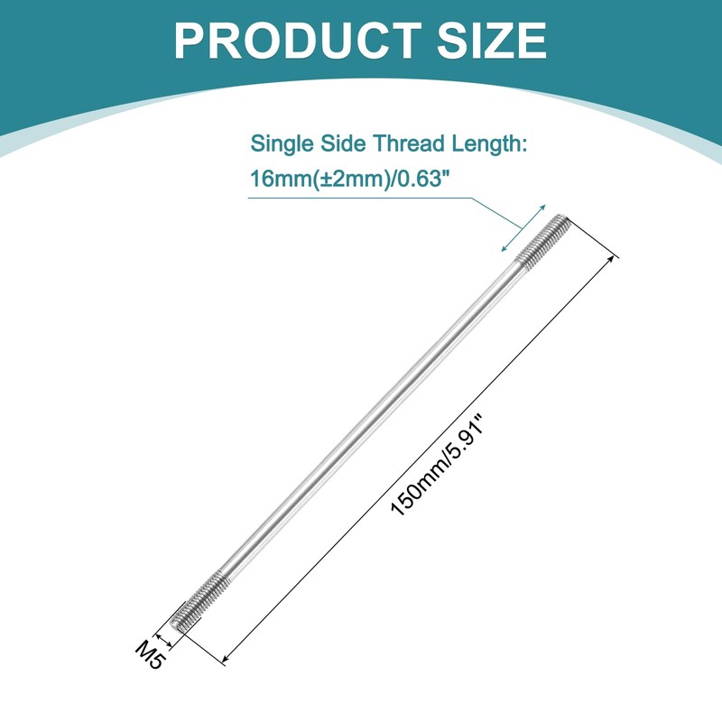 sourcing map 5pcs Double Ended Stud Screws, M5x150mm 304 Stainless