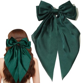 Green Hair Bow Hair Clip,Hair Bows Barrettes Solid Color,Big Bowknot Hairpin French Hair Clips with Long Ribbon Solid Color Hair Barrette Clips Soft Satin Silky Hair Bows for Women Girls