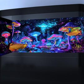 Dtekoj 30X12IN Blacklight Mushroom Jellyfish Aquarium Background UV Reactive Background Starry Sky Terrarium Background with 10 EVA Double-Sided Tape