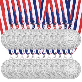 MECCANIXITY Silver Award Medals 2 Inch, Metal Winner Medals with Neck Ribbon for Sports Competitions Party Favors 24 Pieces