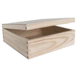 Square Wooden Box with Hinged Lid | 22.5 x 22.5 x 8 cm | Trinket Memory Keepsake Storage | Unpainted & Untreated Plain Decorative Pine for Craft Decoupage