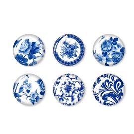 Jolitee Blue and White Chinoiserie Glass Magnets, Strong Kitchen Refrigerator Decorative Magnets, Set of 6, 1 inch
