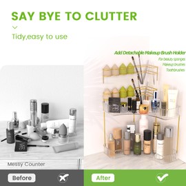 NATURE'S SOURCE Makeup Organizer for Vanity, 2-Tier Corner Bathroom Organizer Countertop with Makeup Brush Holder, Corner Counter Storage for Bathroom Dresser-Clear