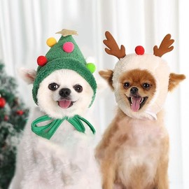 HOMDOWUP Green Santa Dog Hat Antler Costume Christmas for Cats Reindeer Puppy Cap Adjustable Tree Elk Pet Headband Cute Small Dogs Head Accessories Headdress