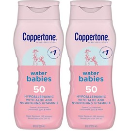 Coppertone WaterBabies Baby Sunscreen Lotion SPF 50, Hypoallergenic Sunscreen for Babies, Water Resistant, Pediatrician Recommended, 8 Fl Oz Bottle (P
