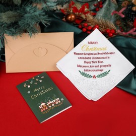 HOULIFE Embroidered Christmas Handkerchiefs for Men Women Soft Cotton Hankies for Christmas Womens Handkerchief with Christmas Cards Envelope