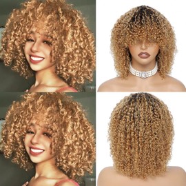 LYOLKSER glueless human hair wig short curly wig with bangs 100 percent human hair no lace front wigs for black women ombre brown and blonde highlight T4/27 12 inch