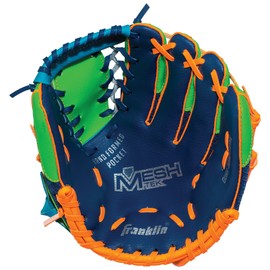 Franklin Sports Kids Baseball Gloves - Meshtek Child's Tball Glove + Ball Set - Boys + Girls Teeball Mitt Set - Kids + Toddler Right Hand Throw - 9.5" - Navy/Lime/Orange