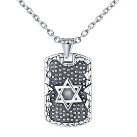 INFINIONLY Men's Square Chain Pendant Stainless Steel Creative Dog Tag Necklace with Hexagram Vintage Star of David Pendant with 55 cm Chain Religious Amulet Jewellery Hip Hop Decoration, Stainless