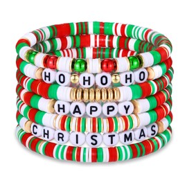 FAERLIIRY Christmas Beaded Stretch Bracelets Stackable Polymer Clay Disc Beads Bracelets Heishi Surfer Perppy Adjustable HOHOHO HAPPY CHRISTMAS Bracelets (HOHOHO)