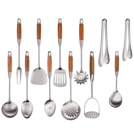 304 Stainless Steel Kitchen Utensils Set with Wooden Handle,12 Pcs Long Heat Resistant Metal Cooking Utensils Set,Spatula, Ladle, Skimmer, Spaghetti Spoon,Tongs,Potato Masher