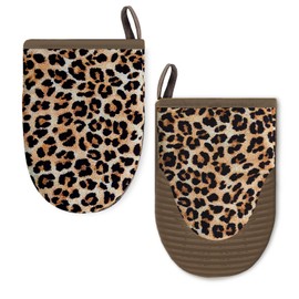 Ribbed Mini Oven Mitts 2-Pack Set, 5.5"x8.5", Leopard Printed, Heavy Duty Cotton, Non-Slip Heat Resistant Soft Silicone Oven Mitts with Hanging Loop for Cooking Kitchen Decor