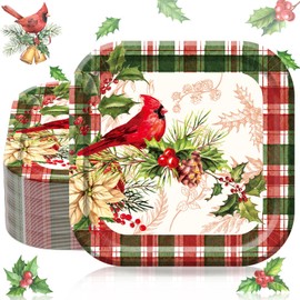 AnyDesign 40Pcs 9 Inch Christmas Plates Merry Christmas Disposable Paper Plates Buffalo Plaid Xmas Cardinal Bird Pine Cone Party Plates for Holiday Party Dinner Tableware Supplies Decor