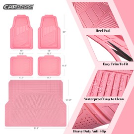 CAR PASS Heavy Duty Rubber Floor Mats Pink Car Mats Full Set with Trunk Cargo Liner - Universal Waterproof Floor Mats for Car SUV Truck, Durable All Weather Liner Mats Automotive Women (All Pink)