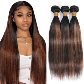 Fridnae Hair P1B30 Bundle Highlight Straight Human Hair Bundles Color 30 Straight 3 Bundles 28 30 32 Inch Two Tone Black Mixed With Light Brown Bundle