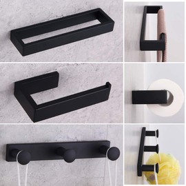 GERZWY Bathroom Accessory 3-Piece Set SUS 304 Stainless Steel Toilet Paper Holder Towel Ring Towel Hooks Wall Mount, Matte Black HG1708-3BK
