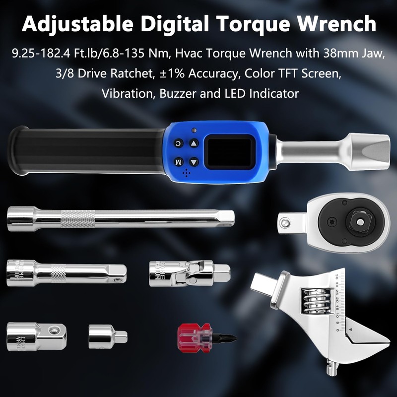 Adjustable Digital Torque Wrench, Hvac Torque Wrench 5-99.6Ft-lbs/6.8-135Nm