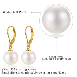 Esberry 925 Sterling Shell Pearl Silver Earrings 6-12mm Handpicked White Shell Pearl Drop Leverback Earrings for Women.(Yellow Gold-12mm)