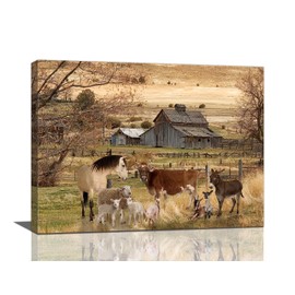 yerretin Farm Animal Wall Art Country Old Barn Pictures Wall Decor Rustic Canvas Print Farmhouse Landscape Painting Modern Home Artwork for Living Room Bedroom Bathroom Office Framed, 16"x12"