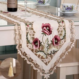 LeLehome Classic Flowers Embroidered Lace Table Runner 15" X 69" Long Satin Floral Washable Fabric Dresser Table Top Decoration Tapestry, Rufous Flower